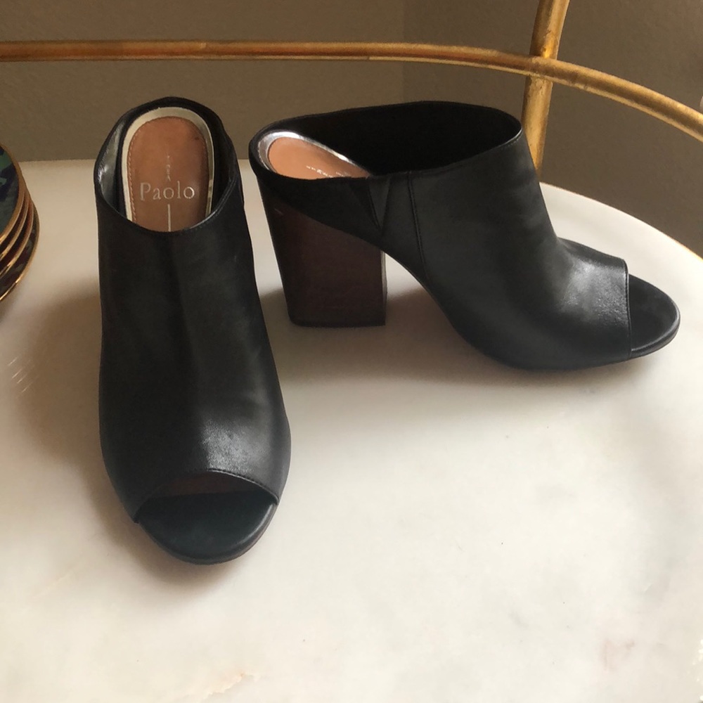 Black Leather Heel Mules